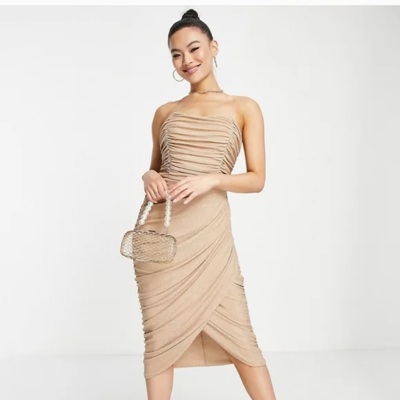 Rare London Dresses | Nwt Mesh Drape Wrap Midi Pencil Dress in Stone Glitter | Color: Cream/Gold | Size: 2 | Fsand1977'S Closet